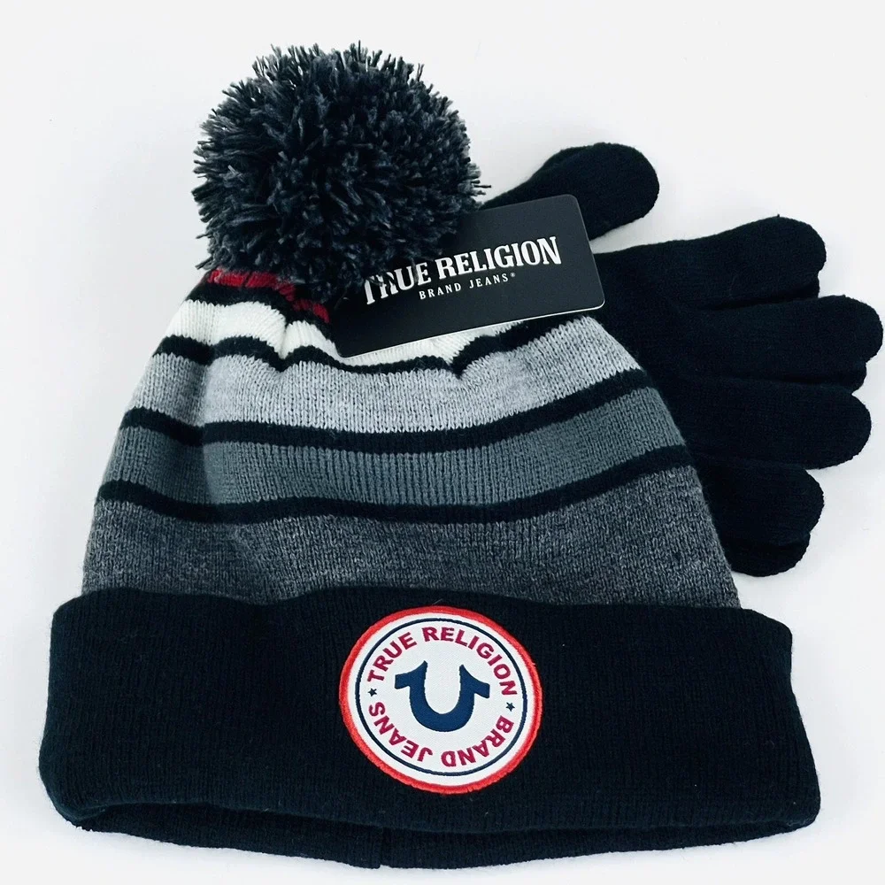 NWT True Religion Kids Hat & Gloves 2-Pieces Set Black Grey Logo‎ Front One Size